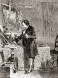 Louis-Jacques-Mandé Daguerre die het daguerreotypie-fotografische proces uitvindt in de 19e eeuw, uit Les Merveilles de la Science, gepubliceerd ca. 1870 (gravure)