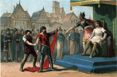 Louis I, bijgenaamd Le Debonnaire (814-840), werd gedegradeerd en ontdaan van zijn keizerlijke titels door zijn zonen. Chromolithografie rond 1890