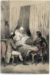 Louis Antoine Fauvelet de Bourienne (1769-1834), Franse diplomaat en bestuurder, en generaal Napoleon Bonaparte (1769-1821) vroegen een zieke oude kapitalist om geld voor de Italiaanse campagne. Plaat uit "Scenes de la vie des hommes célèbres" gravure in t