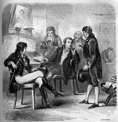 Louis Benoit (Louis-Benoit) Picard (1769-1828), een Franse schrijver en komiek, afgebeeld in zijn studio. Gravure uit 1858.