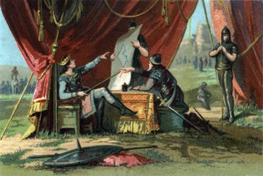 Lodewijk III (zie 863-882) en Carloman II (867-884) belegerden Wenen tevergeefs. Chromolithografie rond 1890