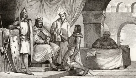 Lodewijk II (848-79) de Stotteraar ontvangt een eed van trouw van een edelman, uit 