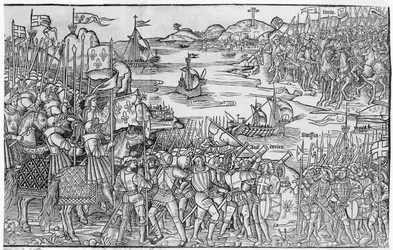 Lodewijk IX van Frankrijk ontscheept zich bij Damietta tijdens de Zevende Kruistocht, uit 