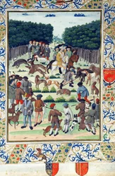 Louis Malet (1441-1516) Seigneur de Graville, op wilde zwijnenjacht, uit de Terrier de Marcoussis, na 1493