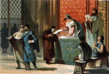 Lodewijk VI genaamd Le Gros (1081-1137) gaf de postcharters van de gemeenten. Chromolithografie rond 1890.