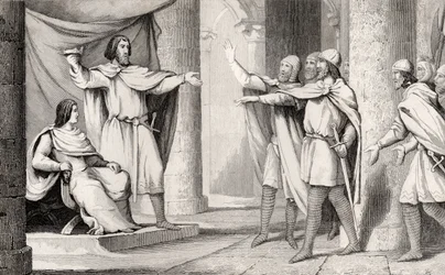 Lodewijk V (967-87) de Luie toont zijn kroon aan zijn volgelingen, uit 