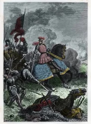 Lodewijk XII bij de Slag bij Agnadel nabij Crema in Lombardije gewonnen door de Koning van de Venetianen op 14 mei 1509 - Slag bij Agnadello - Lodewijk XII van Frankrijk verslaat de Venetianen - gravure uit 