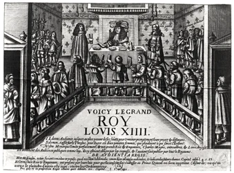 Lodewijk XIV (1638-1715) die recht spreekt (xylografie)