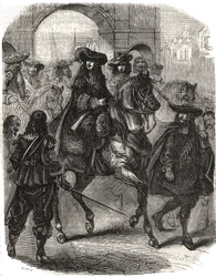 Lodewijk XIV (1638-1715) en zijn vrouw Maria Theresia van Oostenrijk (1638-1683) komen Parijs binnen in 1660. Gravure in 