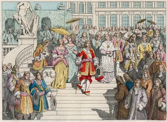 Lodewijk XIV en zijn hof in Versailles - Lodewijk XIV van Frankrijk en zijn hof in Versailles - Gravure van het einde van de 19e eeuw in 