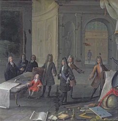 Lodewijk XIV woont een les bij van zijn achterkleinzoon, de toekomstige Lodewijk XV, ca. 1715