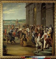 Lodewijk XIV gevolgd door de Grote Dauphin rijdend voor de grot van Thetis (Thetys) in Versailles Koning Lodewijk XIV (1638-1715) en zijn zoon Lodewijk van Frankrijk genaamd de Grote Dauphin (1661-1711) voor de grot van Thetis (Thetys) omringd door hovelin