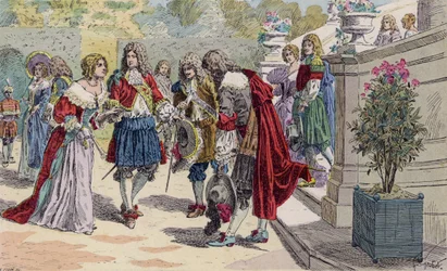 Lodewijk XIV van Frankrijk en zijn hof in Versailles (kleurenlitho)
