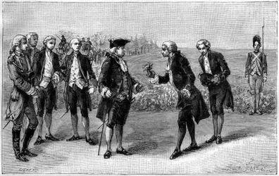 Lodewijk XVI (1754-1793) bezoekt het eerste aardappelveld in de vlakte van de Sablons (huidige Avenue de la Grande Armée, Parijs), Antoine Augustin Parmentier (1737-1813) bood hem aardappelbloemen aan, rond 1785. Gravure in 