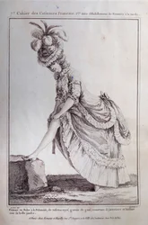 Louis XVI mode: een voetportret van een jonge vrouw in een Poolse jurk van gestreepte tafzijde. Gravure uit 1778. Parijs, decoratieve kunsten