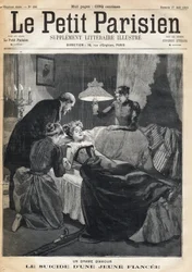 Liefdesdrama: Zelfmoord van een 17-jarige verloofde na de dood van haar man. Een van de krant Le petit Parisien op 27/08/1893 (gravure)