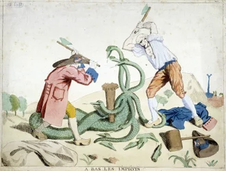 Lage belastingen: de Derde Stand verslaat de belasting - "Hydra de lerne" - een revolutionaire cartoon, circa 1789