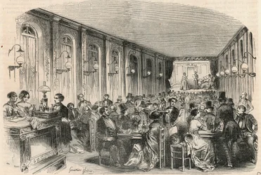 Lyrische prent van de passage Jauffroy in Parijs in de 19e eeuw - Gravure in 