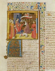 Raoul de Presles die zijn Vertaling aanbiedt aan Karel V (1338-80) uit La Cite de Dieu door St. Augustinus, vertaald door Raoul de Presles (1316-82) c.1400-50