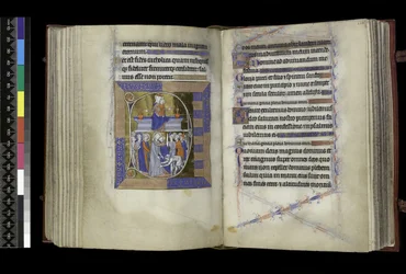 MS 300 f.177v-178r, Metten, Maagd en Kind zittend tussen twee vazen op bank (boven); Verraad van Christus, met Judas die Christus kust, en St. Peter die het oor van Malchus afsnijdt (onder), uit het Psalter en de Getijden van Isabella van Frankrijk, Parijs