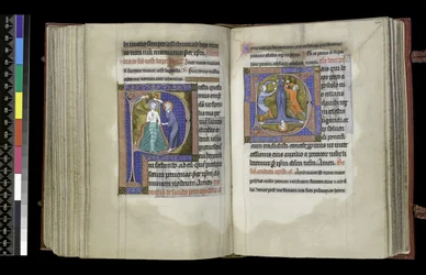 MS 300 f.199v-200r, Voorbede tot St. Johannes de Doper en Voorbede tot St. Peter, uit het Psalter en de Getijden van Isabella van Frankrijk, Parijs, ca. 1265-70 (pen en inkt en tempera op perkament)