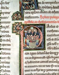 MS 3 Fol. 291v De ontsnapping van Sint Paulus uit Damascus, verluchte initiaal P, 13e eeuw, uit de Avranches Bijbel