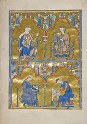 MS M.240 f.8r, Blanche van Castilië en koning Lodewijk IX van Frankrijk en onder: Auteur dicteert aan een schrijver, Bijbel van Sint Louis (Moralized Bible), waarschijnlijk Parijs