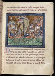 MS Marlay Add 1 f.86 Pagina met tekst en verlichting van een zeeslag, uit De Re Militari, c.1270