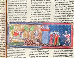 M. 806 f.166 Lancelot bewijst zijn liefde voor Guinevere door een rivier over te steken die is overbrugd door een scherp zwaard, uit de Roman de Lancelot du Lac, 1344