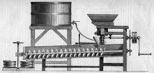 Machine voor het maken van betonnen mortel. Gravure in "Le Monde Illustré" nr. 55 van 1 mei 1858.