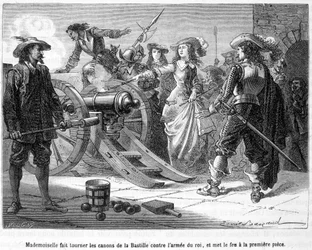 Juffrouw (Grote Juffrouw = Hertogin van Montpensier) richtte de kanonnen van de Bastille tegen het leger van de koning en stak het eerste stuk aan - in "Histoire de France populaire" door Henri Martin.