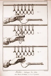 Het maken van een visnet - Encyclopedie of Woordenboek van de Wetenschappen, Kunsten en Beroepen door Denis Diderot (1713-1784) en Jean d