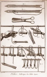 Het maken van een visnet - Encyclopedie of Woordenboek van de Wetenschappen, Kunsten en Beroepen door Denis Diderot (1713-1784) en Jean d