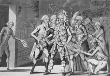 Man in assignaten:... groep afgevaardigden op zoek naar een Brissoter (Jacques Pierre Brissot de Warville 1754-1793) Anoniem. Prent. 1791