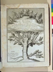 Stamboom van de mensheid, frontispice voor Tables Genealogiques et Historiques des patriarches, des Rois, des Empereurs door Claude Delisle (1644-1720), gepubliceerd in Parijs, 1718