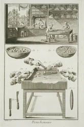 Vervaardiging van flessenkurken, uit de Encyclopedie des Sciences et Metiers door Denis Diderot (1713-84) gepubliceerd ca. 1770