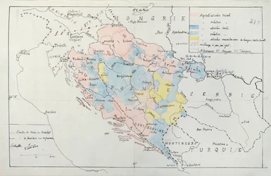 Kaart van Bosnië met details van de gebieden die door etnische minderheidsgroepen worden bewoond, 1910