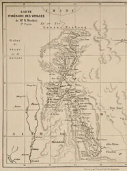 Kaart van Laos en de Mekong-rivier met de route van de reis van Henri Mouhot, illustratie uit Travels in the Central Parts of Indo-China (Siam), Cambodia, and Laos During the Years 1858, 1859