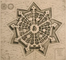 Kaart van Palmanova, uit Les Villes de Venetie, 1704, uitgegeven door Rutgert Alberts in Den Haag