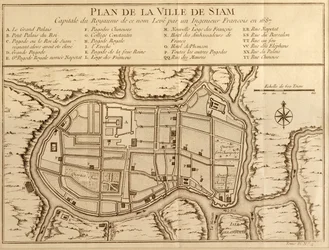 Kaart van de stad Siam, hoofdstad van het gelijknamige koninkrijk na een onderzoek door een Franse ingenieur in 1687, gepubliceerd in de 1751 editie van Histoire Generale des Voyages door Antoine Prevost