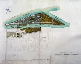 Kaart van de tuin van Moulin Joly. Plaat uit de atlas met plattegronden van het grondgebied van Colombes (1780), bewaard in het Nationaal Archief.