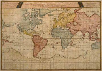 Kaart met de wereldhandelsroutes, cartografie door Pierre Duval (1619-83) gepubliceerd in 1686, Parijs