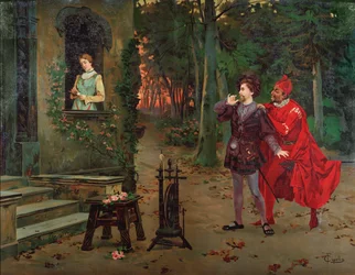 Marguerite, Faust en Mephisto. Scène uit Faust door Charles Gounod (1818-1893). circa 1900.