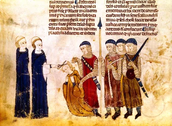 Marguerite van Bourgondië (1290-1315) vrouw van Franse koning Lodewijk X, laat haar haar knippen voor overspel (perkament)