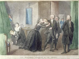 Marie-Antoinette neemt afscheid van haar zoon de Dauphin, Louis-Charles de Bourbon, in de Tempel, 3 juli 1793