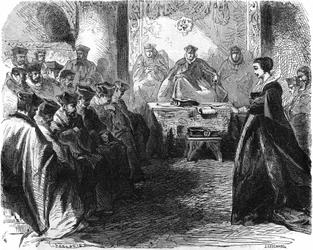 Marie Stuart (1542-1587) tijdens haar proces in 1587. In 