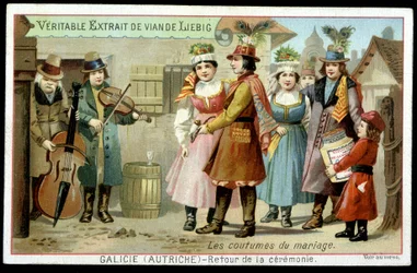 Huwelijksgebruiken: terugkeer van de ceremonie in Galicië, Oostenrijk - chromo. Liebig, v. 1895