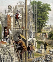 Metselaars op de bouwplaats van een kathedraal - in 
