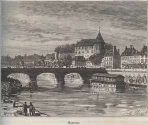 Mayenne is een gemeente in het westen van Frankrijk in de regio Pays de la Loire - gravure in "La France illustree: geografie, geschiedenis, administratieve statistiek" door V.-A. Malt-Brown. 1884
