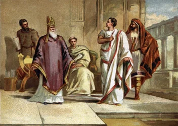 Ontmoeting tussen keizer Flavius Julius Valens (328-378) Romeinse keizer en Sint Basilius van Cesarea of Basilius de Grote (330-379), bisschop en kerkvader. Chromolithografie van het einde van de 19e eeuw.
